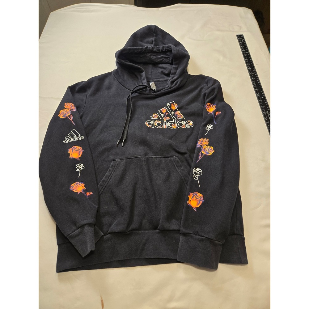 Adidas Hoodie Womens Medium Black Excellent Floral Rose Graphic Logo Pullover
